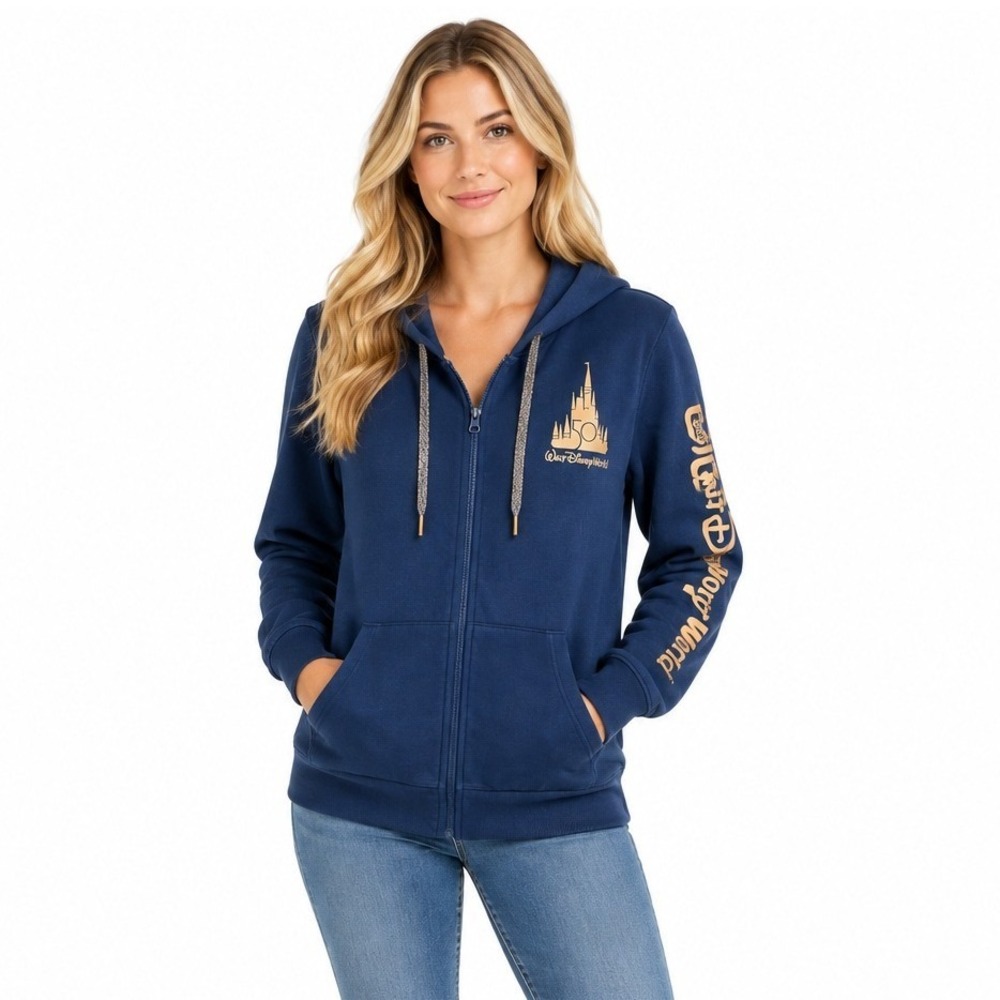 Disney Women's Walt Disney World 50th Anniversary Zip Up Hoodie Gold Castle XL